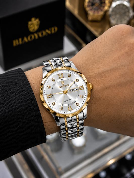 Luxury Silver & Golden Chain Watch – Premium White Dial Men’s Wristwatch