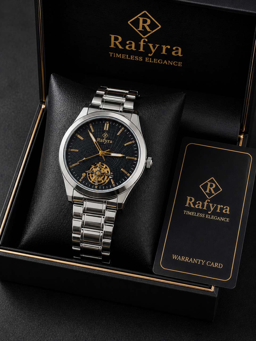 Rafyra Premium Silver Automatic Style Men’s Watch Luxury Stainless Steel Watch with Skeleton Dial Design