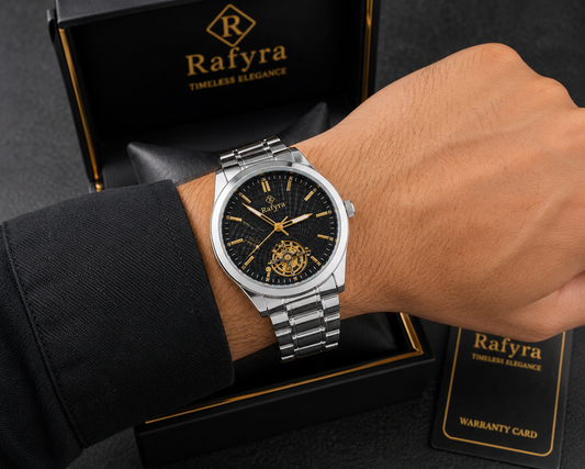 Rafyra Premium Silver Automatic Style Men’s Watch Luxury Stainless Steel Watch with Skeleton Dial Design