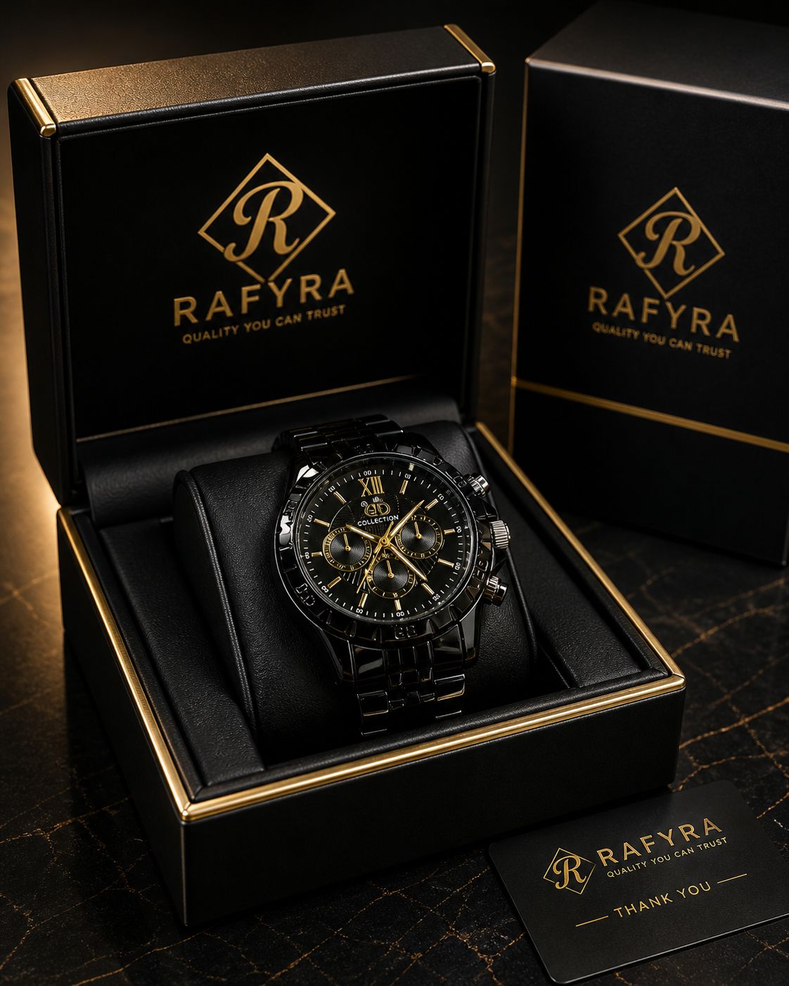 Black and gold Rafyra watch in a branded box on a dark background