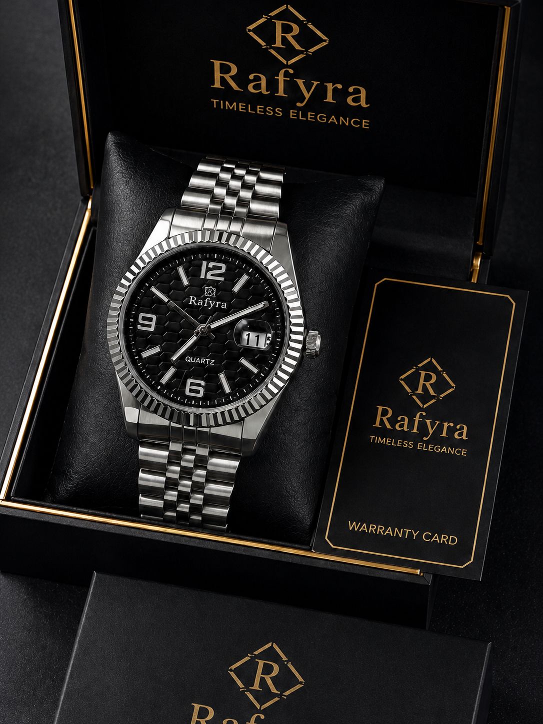 Rafyra Premium Black Steel Quartz Watch – Luxury Men’s Wrist Watch