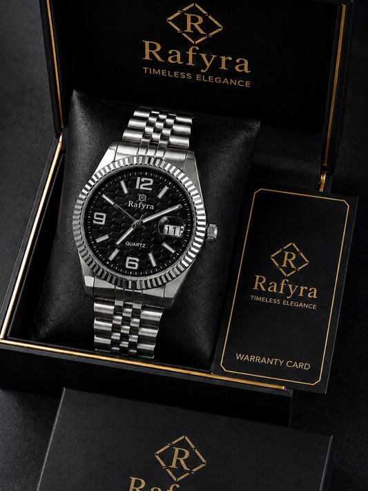 Rafyra Premium Black Steel Quartz Watch – Luxury Men’s Wrist Watch