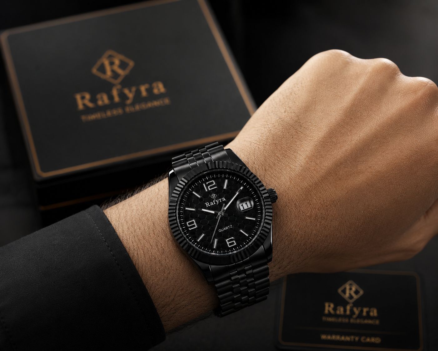 Rafyra Premium Black Steel Quartz Watch – Luxury Men’s Wrist Watch